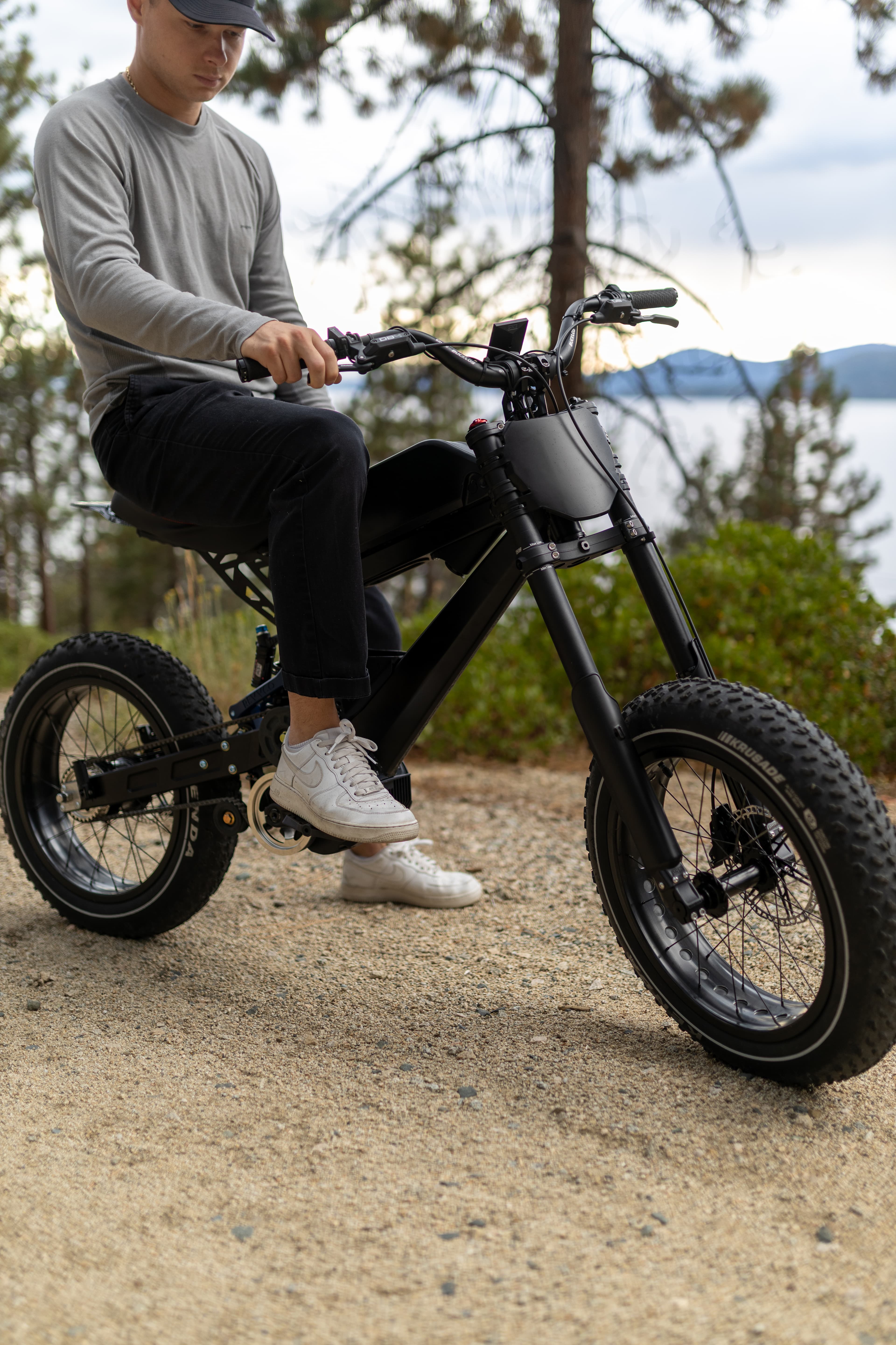 Surfline parked at sunset on a forest trail near Lake Tahoe